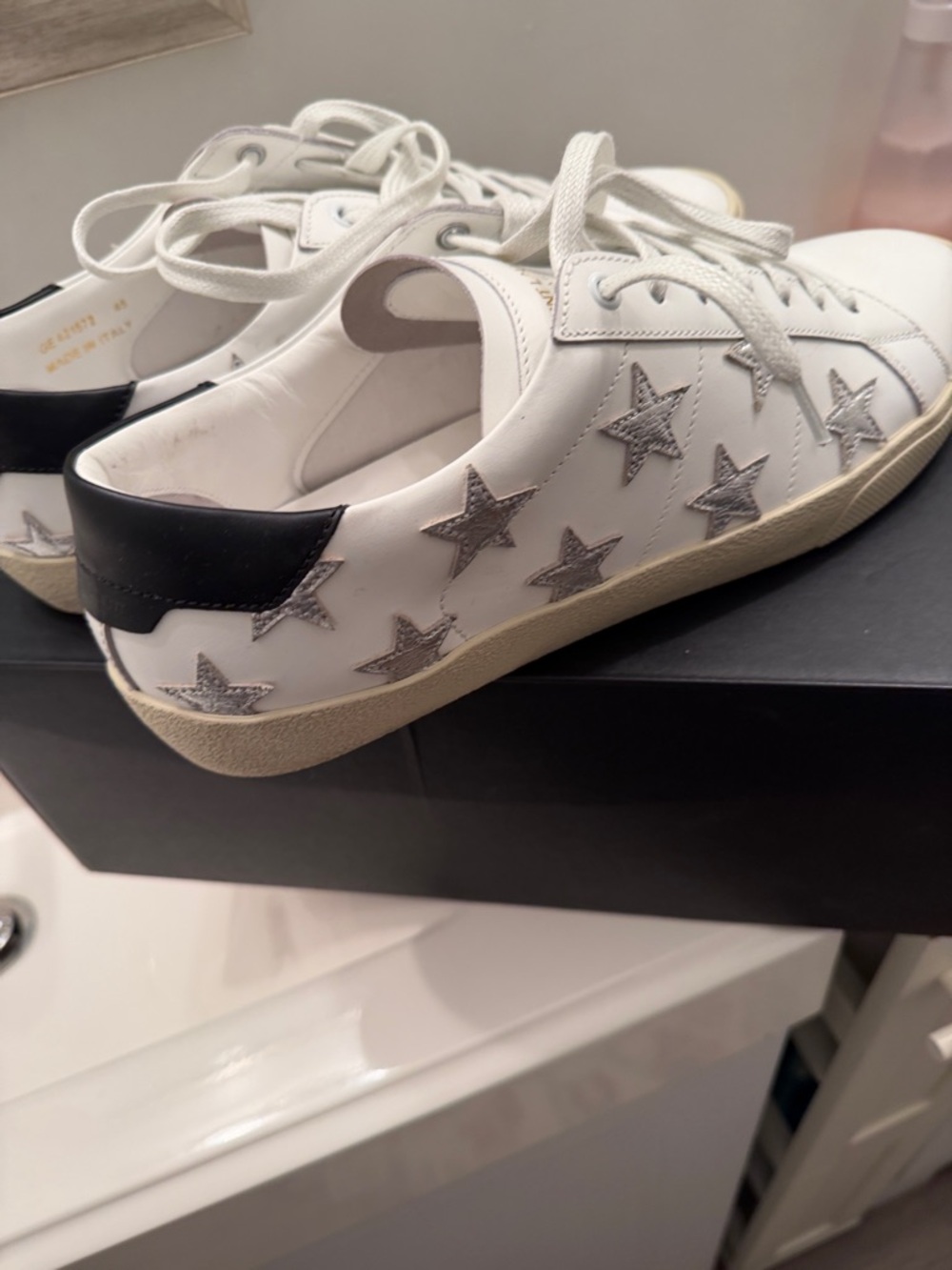 Saint Laurent White Leather Sneakers with Silver Star Accent - Picture 4 of 10